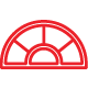 Red, arched window with multiple panes.