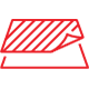 Red outline of a package with a peel-off section, diagonally striped.