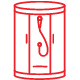 Red outline of a cylindrical shower stall with a shower head and door.