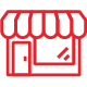 Red outline of a storefront with a striped awning and a glass window.