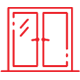 Red outline of double doors with glass panes.