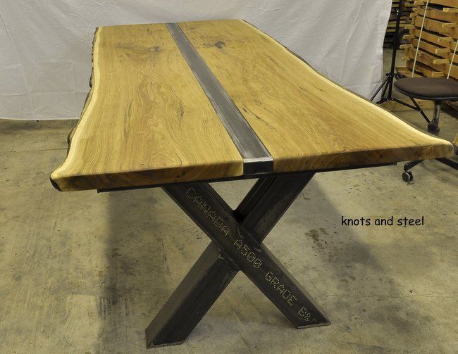Hickory table with steel frame.