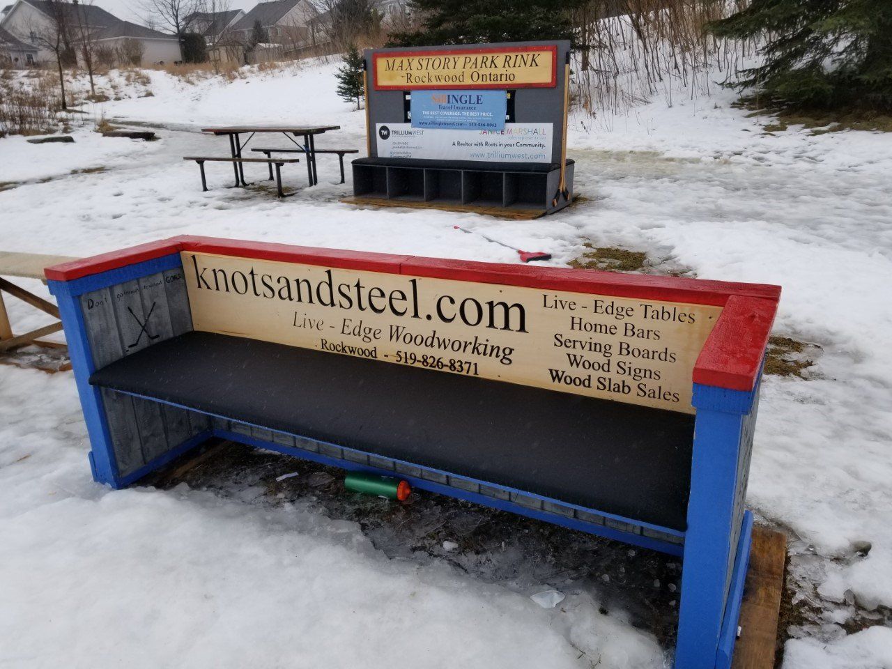 Knots and Steel wood hockey bench at the Rockwood skating rink.