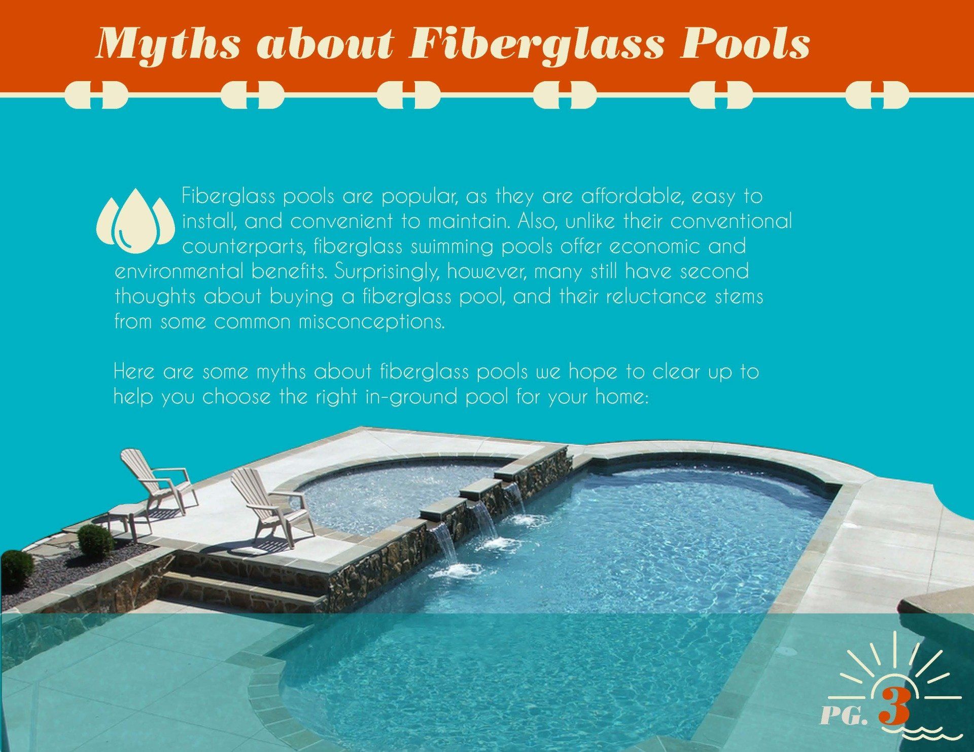 A poster about fiberglass pools with a picture of a swimming pool