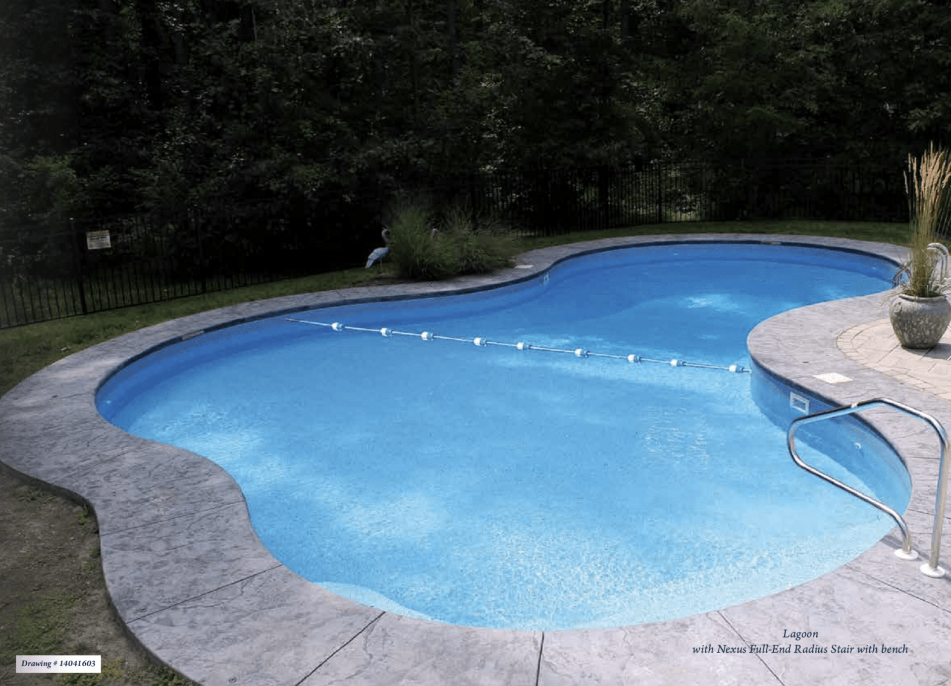 A large blue swimming pool in a backyard surrounded by trees