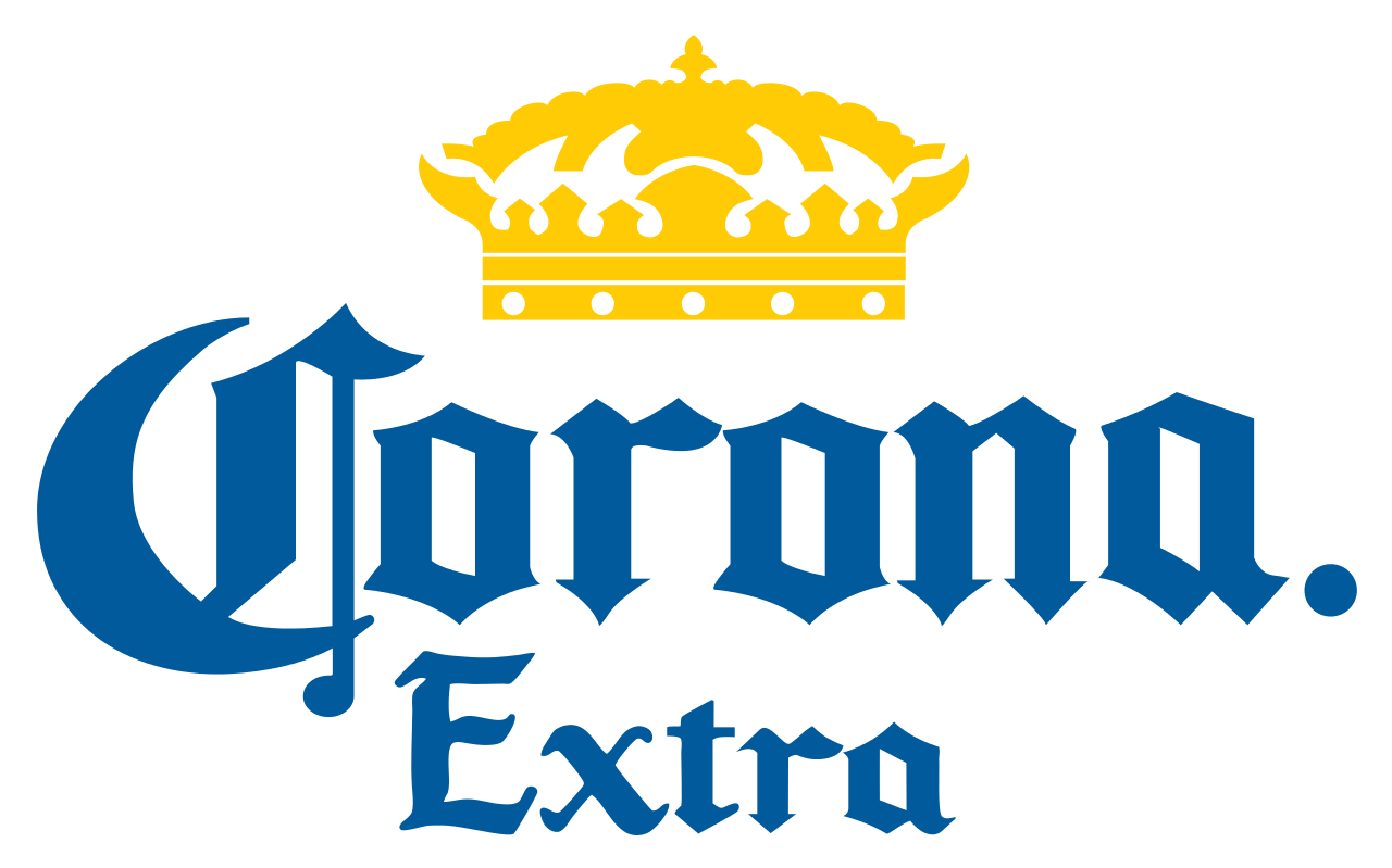 Corona Extra-logo: blauwe tekst met een gele kroon.