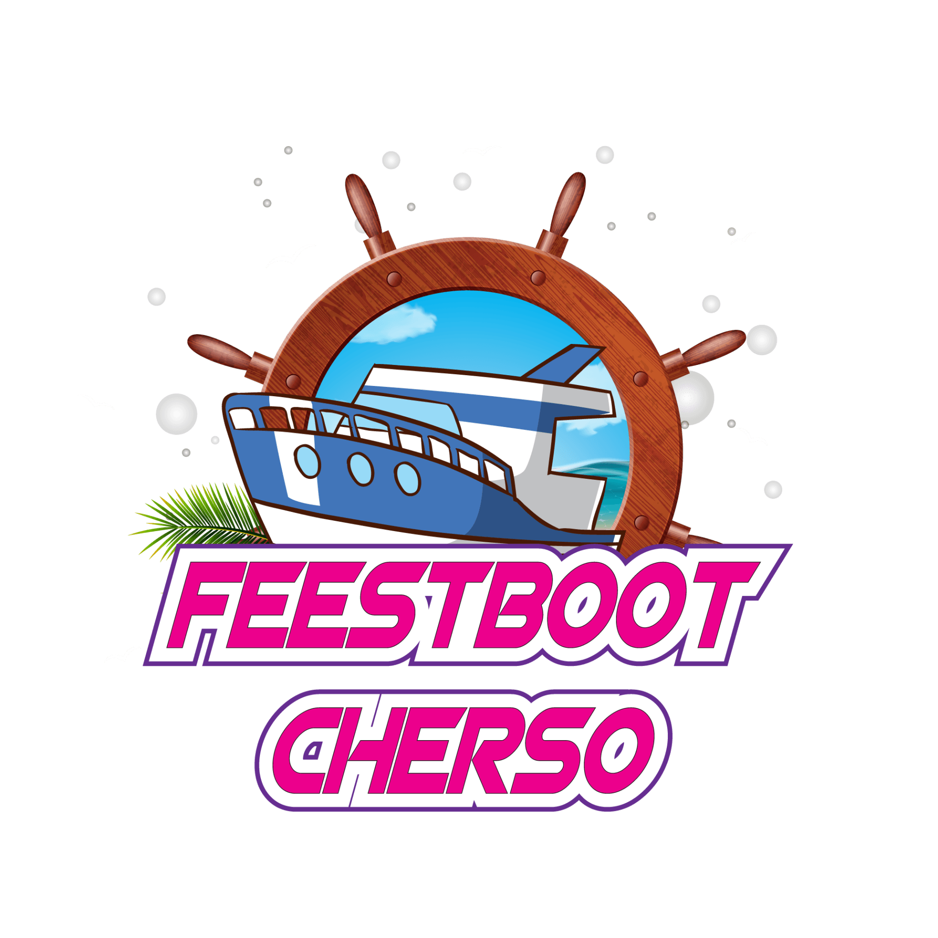Logo voor Feestboot Cherso, met een blauw-witte boot in een scheepsstuurwiel en daaronder tekst.