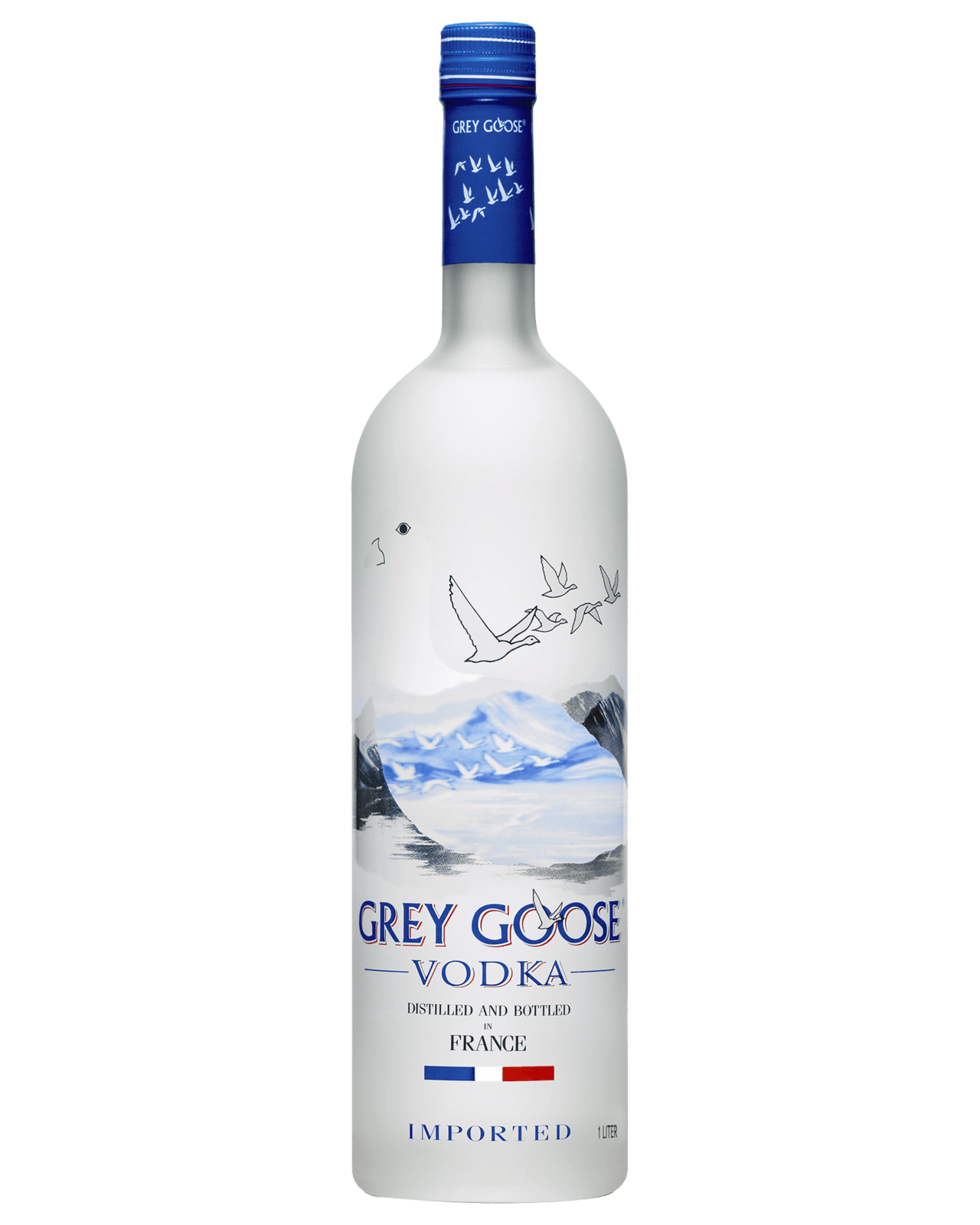 Fles Grey Goose wodka met blauwe dop en etiket, wit matglas en ganzenlogo.