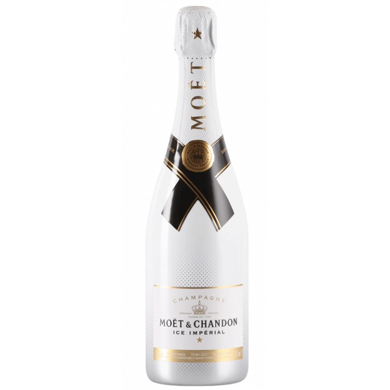 Fles Moët & Chandon Ice Impérial champagne. Witte fles met goud-zwart etiket en folie.