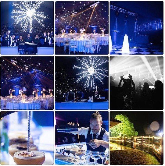 Nine images of a party or event with blue and white lighting, including a band, tables, a bartender, and an illuminated path.