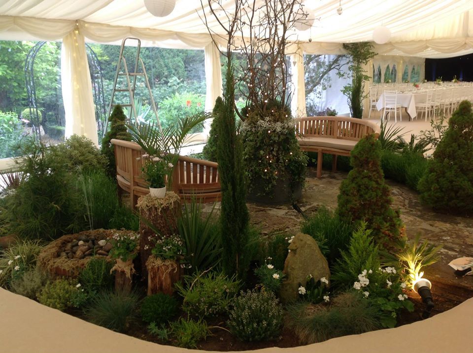 A garden-themed interior with greenery, wooden benches, and natural decor inside a white tent.