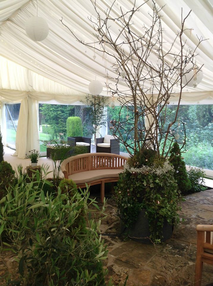 A tent interior with a small wooden bridge, foliage, and seating. Trees and garden features are incorporated.