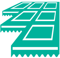 Teal awning with grid pattern and scalloped edges.