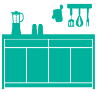 Turquoise kitchen countertop with blender, salt shakers, and hanging utensils.