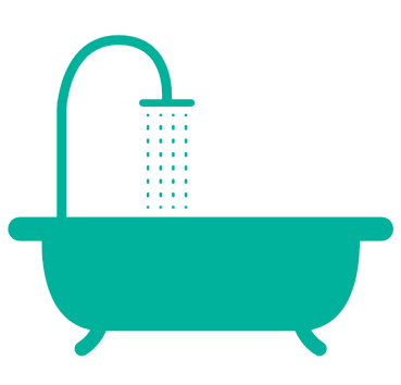 Teal bathtub with showerhead and water droplets.