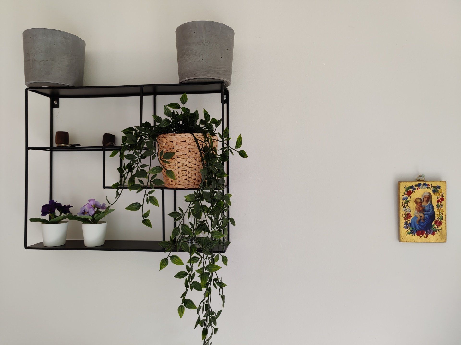 Decorations in the living room. Seeing a plant and two vases.