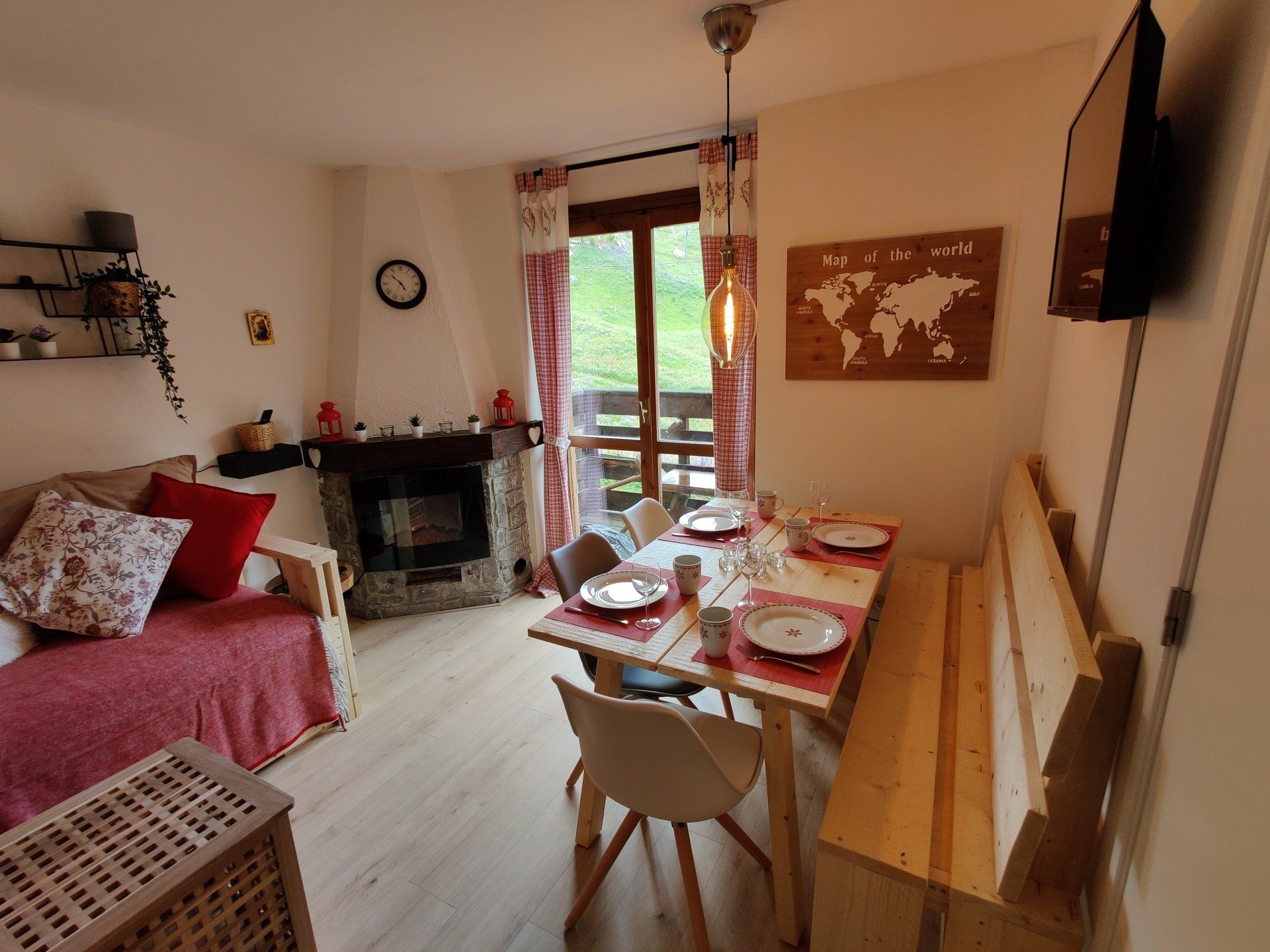 Overview of the living room with set table