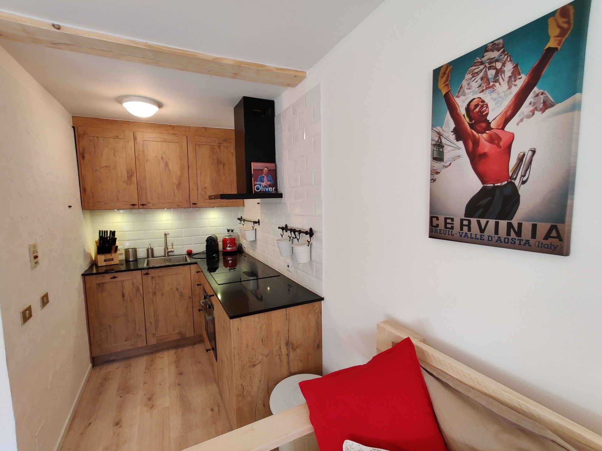 overview picture of a modern kitchen with appliances. Picture on the wall