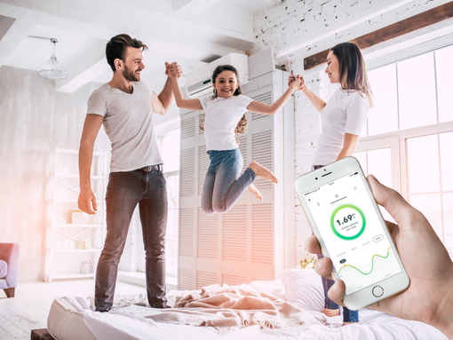Airthings, radon, family jumping on bed, Stroudsburg