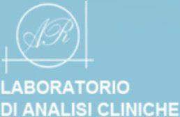 Logo: sfondo azzurro, cerchio bianco con scritta "AR", testo "LABORATORIO DI ANALISI CLINICHE".