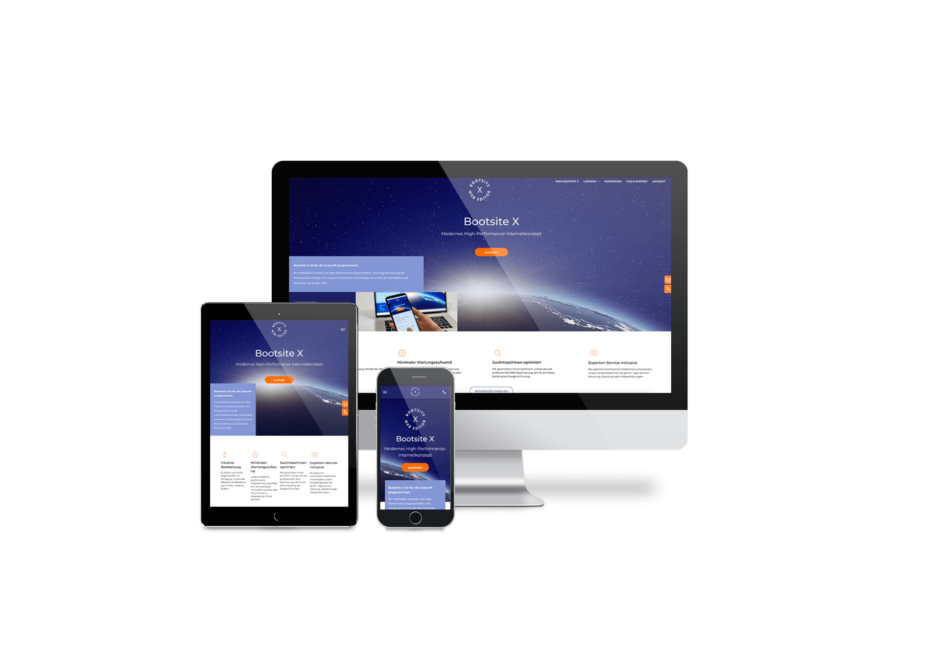 Ein Computer, ein Tablet und ein Mobiltelefon, auf dem eine Website angezeigt wird.