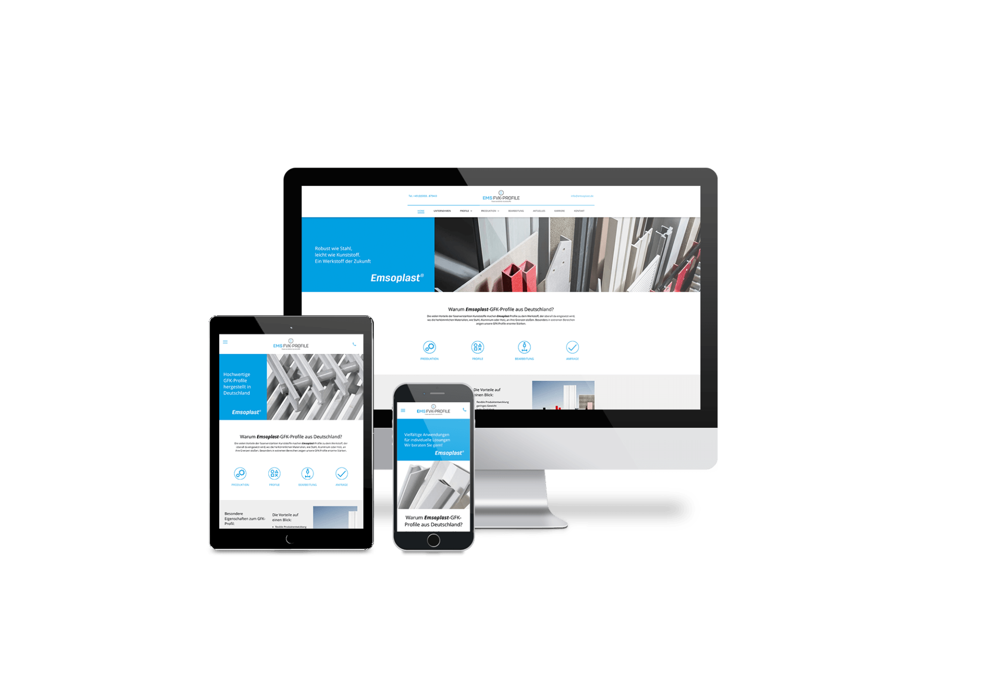 Auf einem Computer, einem Tablet und einem Mobiltelefon wird eine Website auf weißem Hintergrund angezeigt.