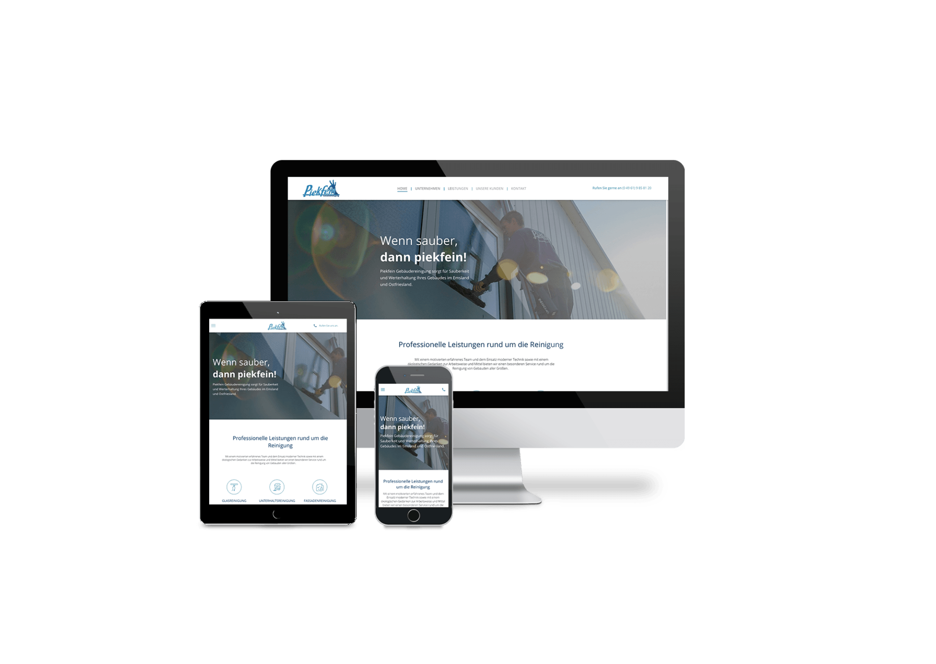 Ein Computer, ein Tablet und ein Mobiltelefon, auf dem eine Website angezeigt wird.