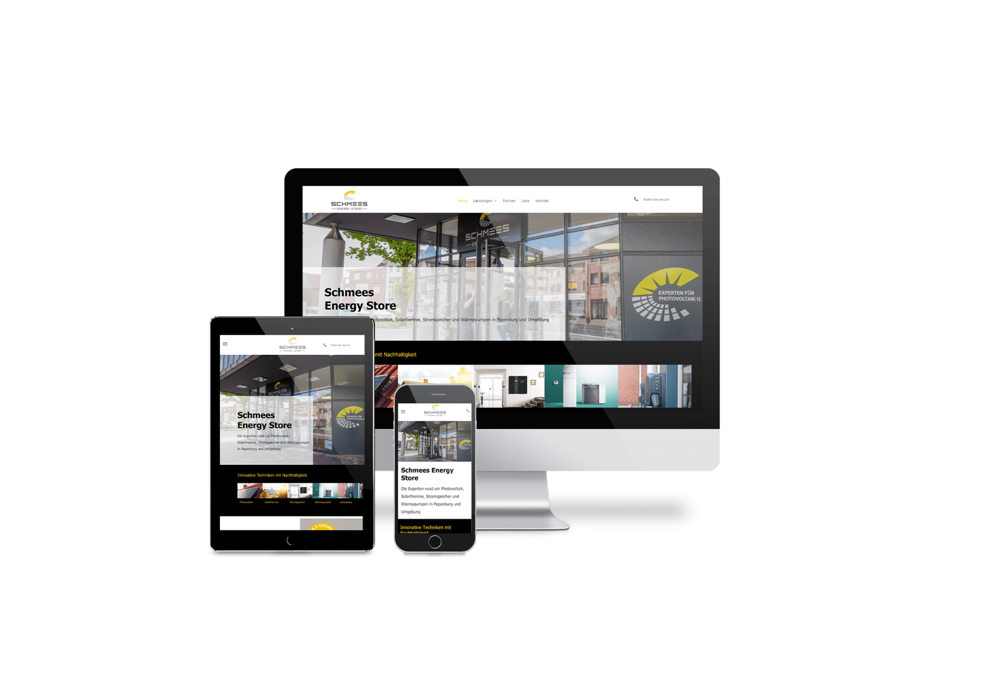 Auf einem Computer, einem Tablet und einem Mobiltelefon wird eine Website auf weißem Hintergrund angezeigt.