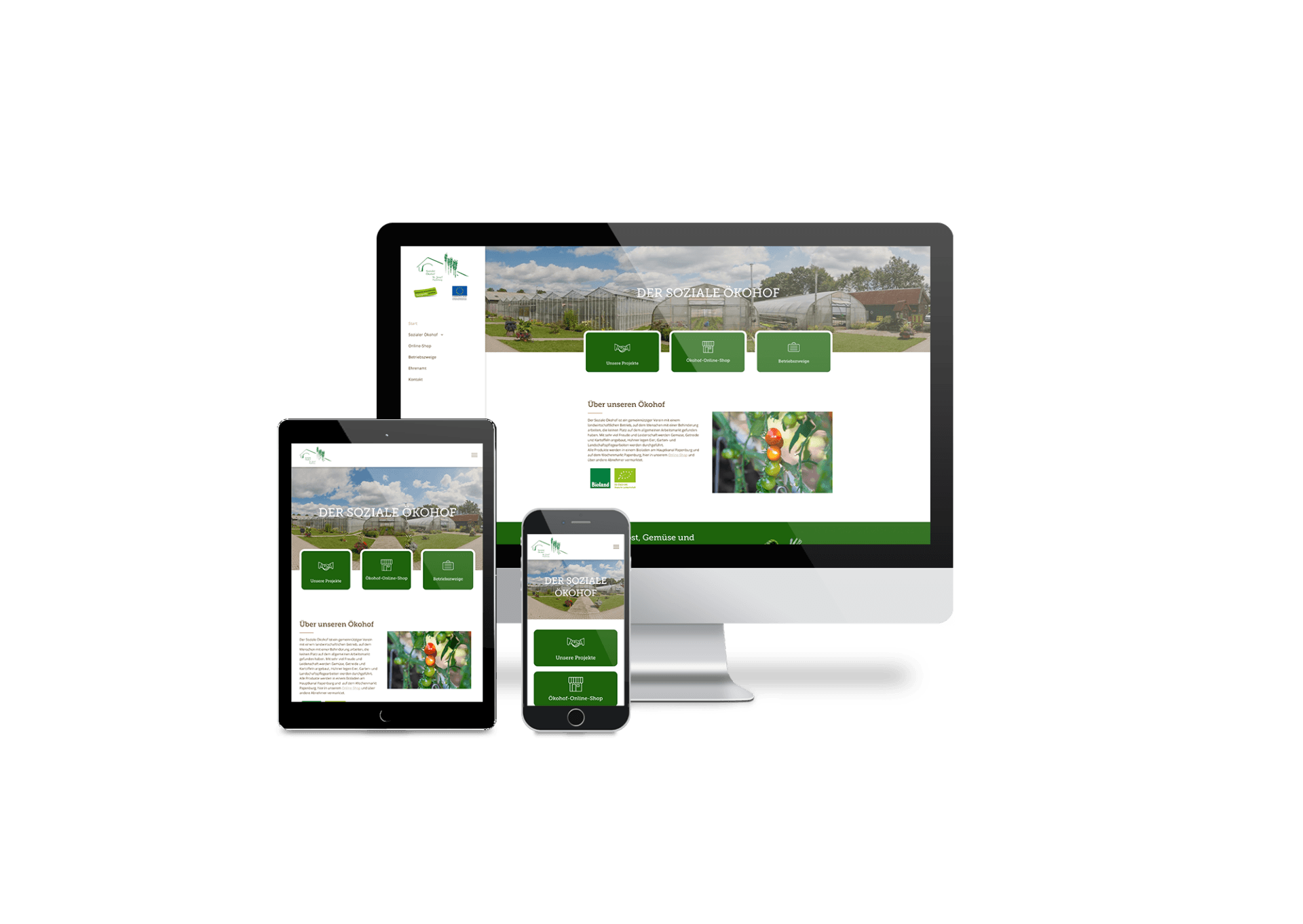 Ein Computer, ein Tablet und ein Mobiltelefon, auf dem eine Website angezeigt wird.
