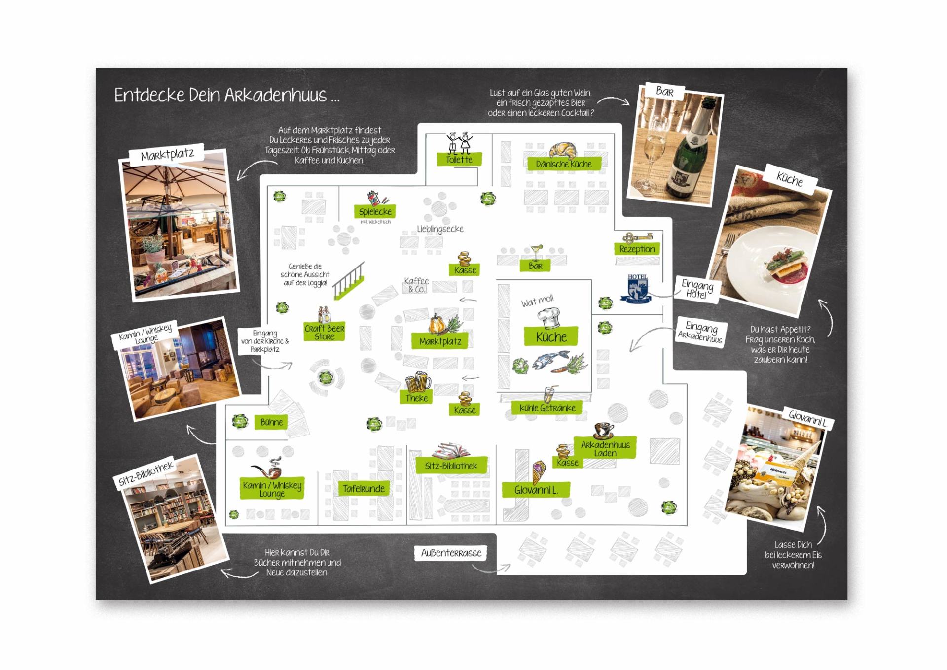 Eine Karte eines Restaurants mit Bildern von Speisen und Getränken darauf.