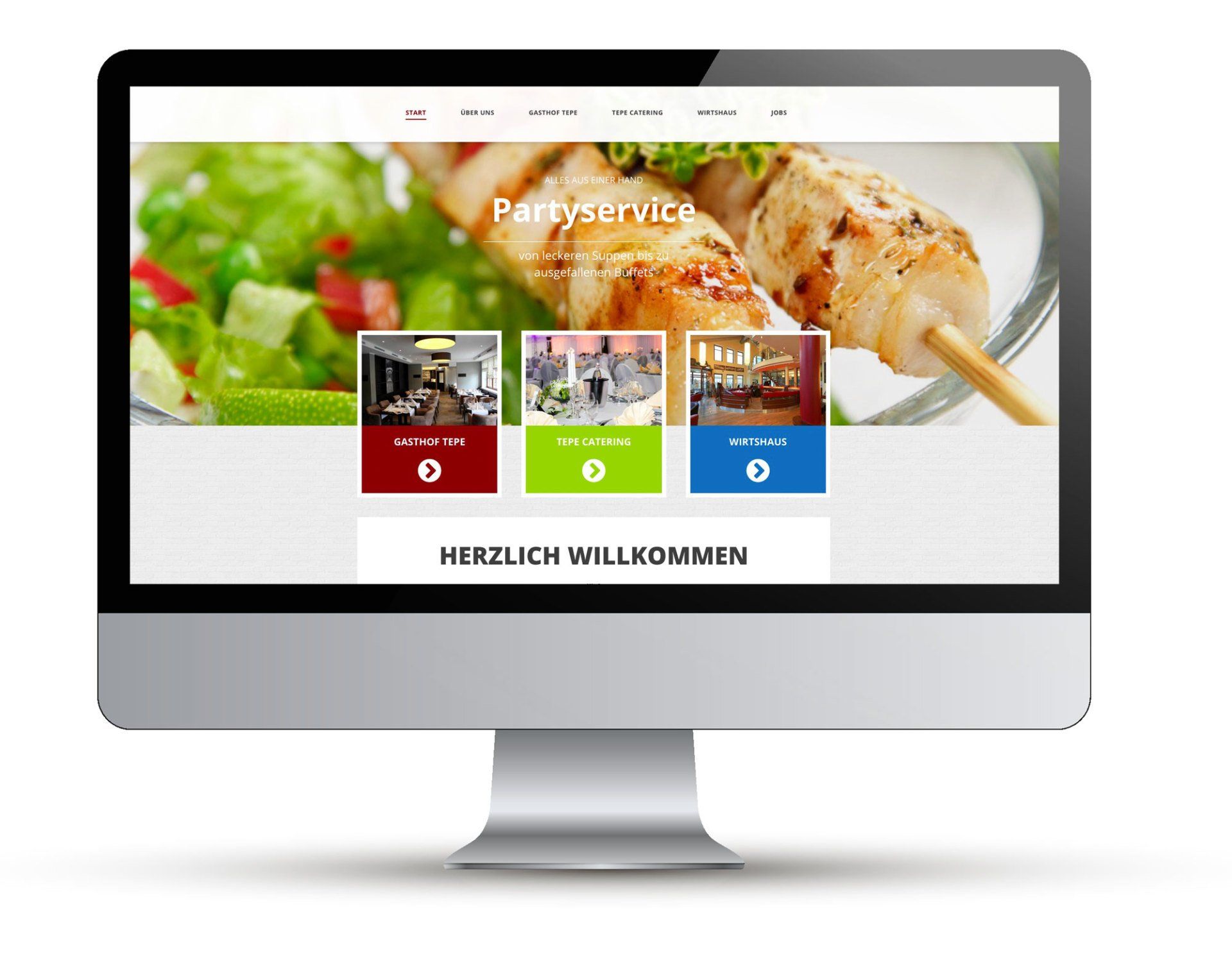 Auf einem Computermonitor wird die Website eines Restaurants namens „Partyservice“ angezeigt.