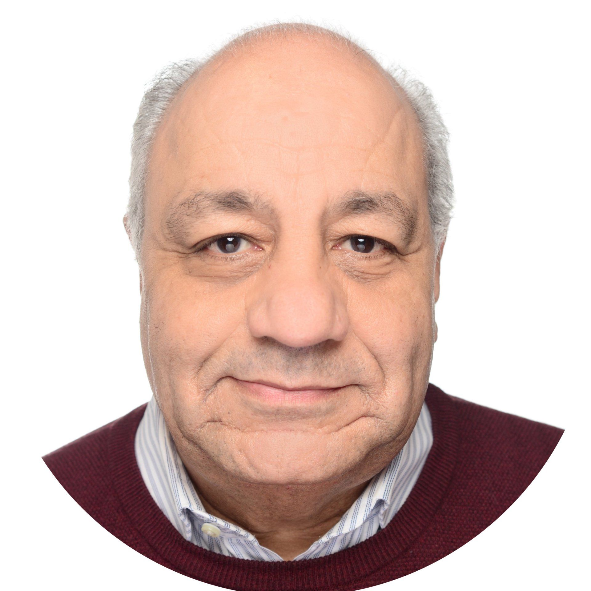 A bald man wearing a maroon sweater and striped shirt is smiling for the camera.