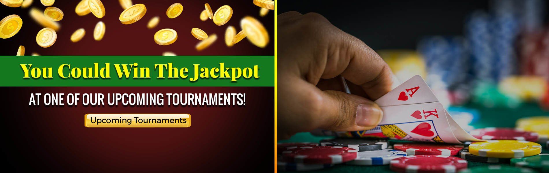 Gold coins and poker chips beside text about winning the jackpot in an upcoming tournament
