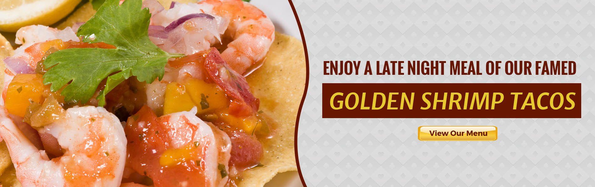 Shrimp tacos with orange shrimp and green salsa beside text: “Golden Shrimp Tacos”