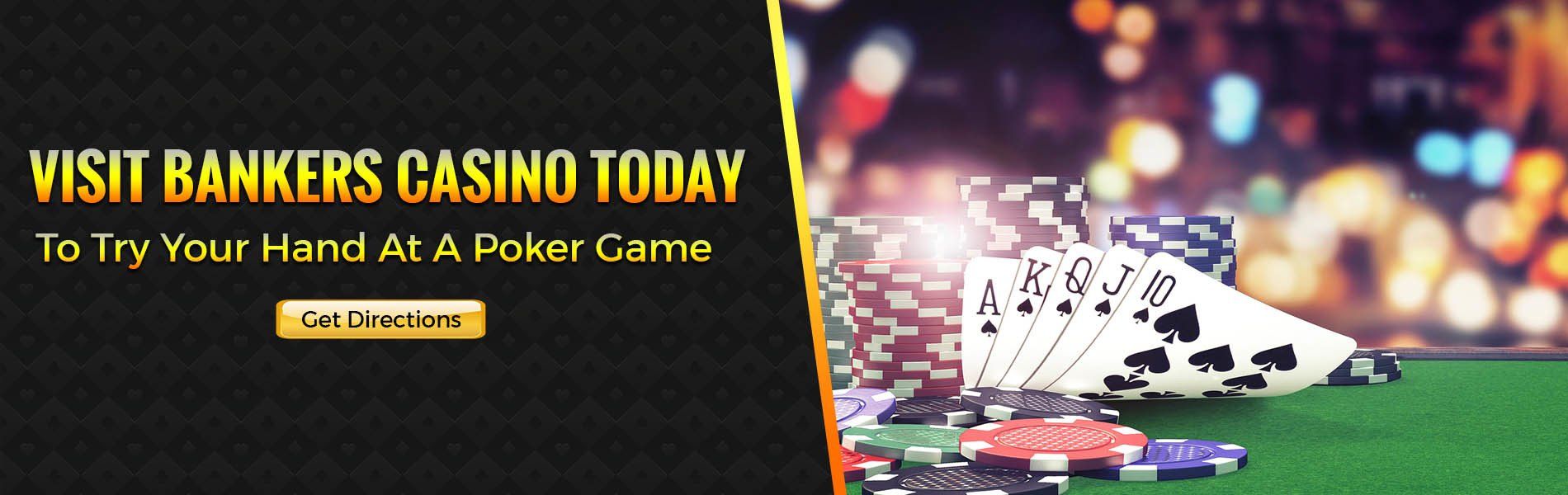 Casino promo banner with cards and chips, featuring “Visit Bankers Casino Today” on a black and green background