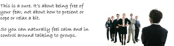 A woman speaking to a group of businesspeople with a quote about how the public speaking program is about being free of fear