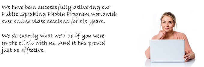 A woman with a laptop and a quote about how we deliver our public speaking phobia cure online in the UK and worldwide