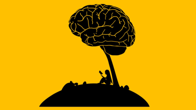 A person is reading a book under a tree with a brain on it.