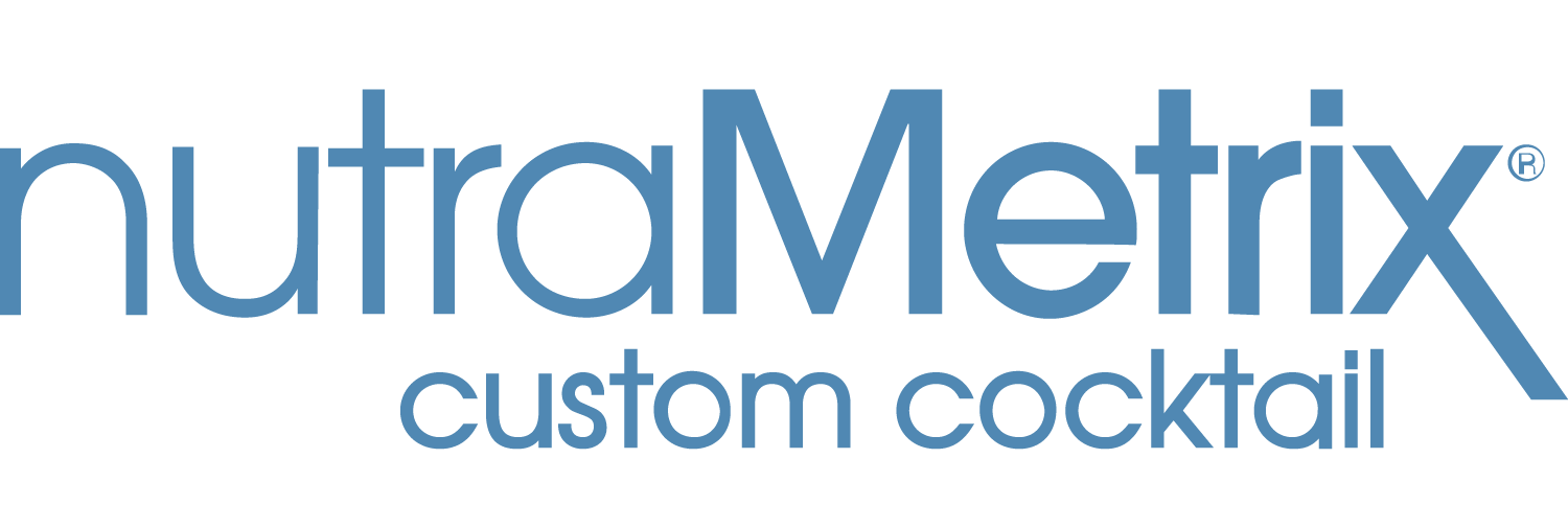 The logo for nutrametrix custom cocktail is blue and white.