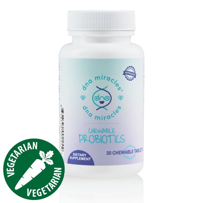 A bottle of chewable probiotics that is vegetarian