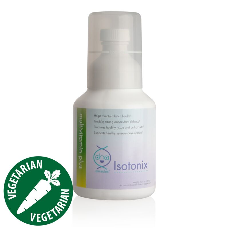 A bottle of isotonix has a vegetarian sticker on it