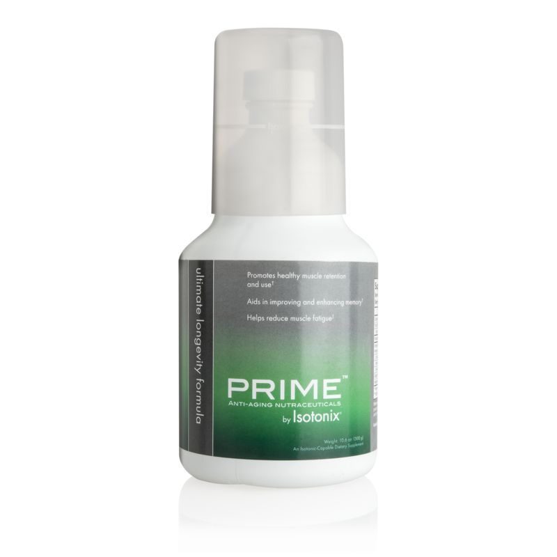 A white bottle with a green label that says prime