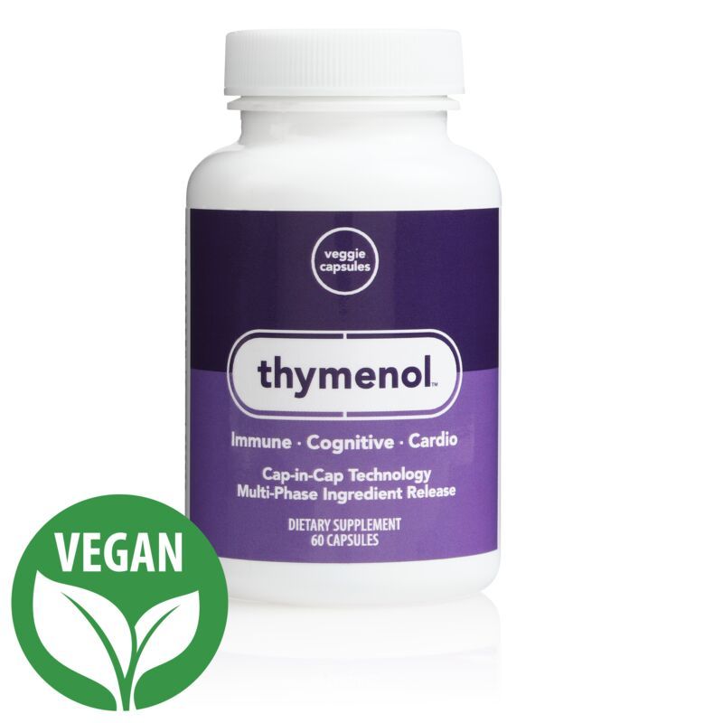A bottle of thymenol that is vegan