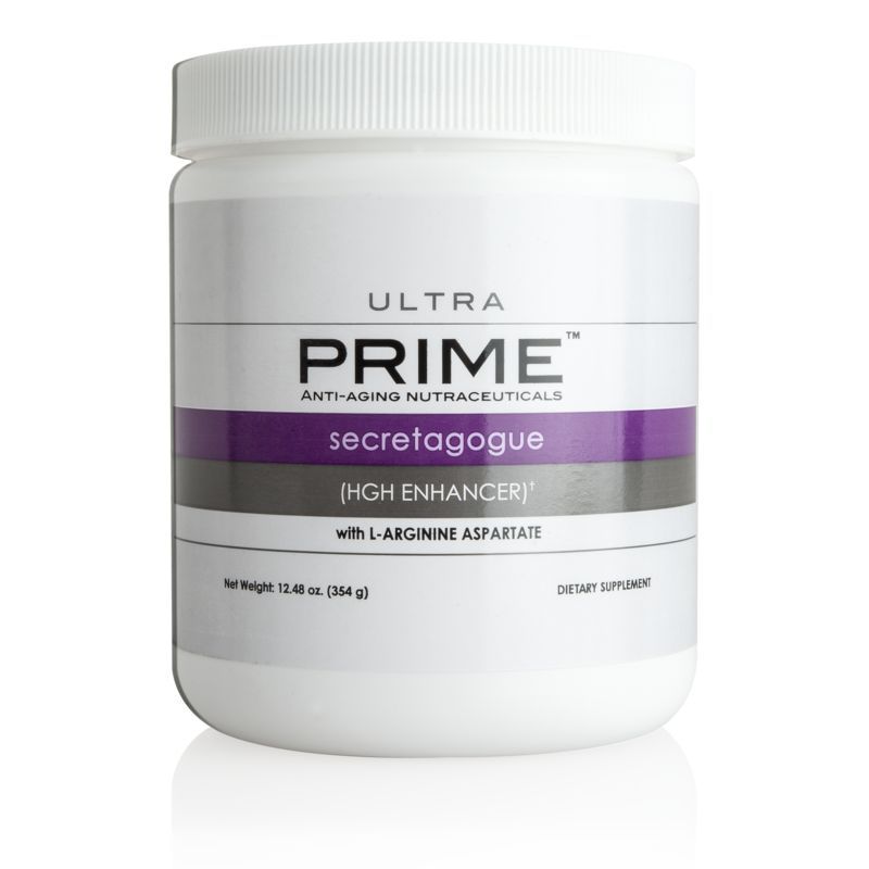 A white jar of ultra prime secretagogue high enhancer