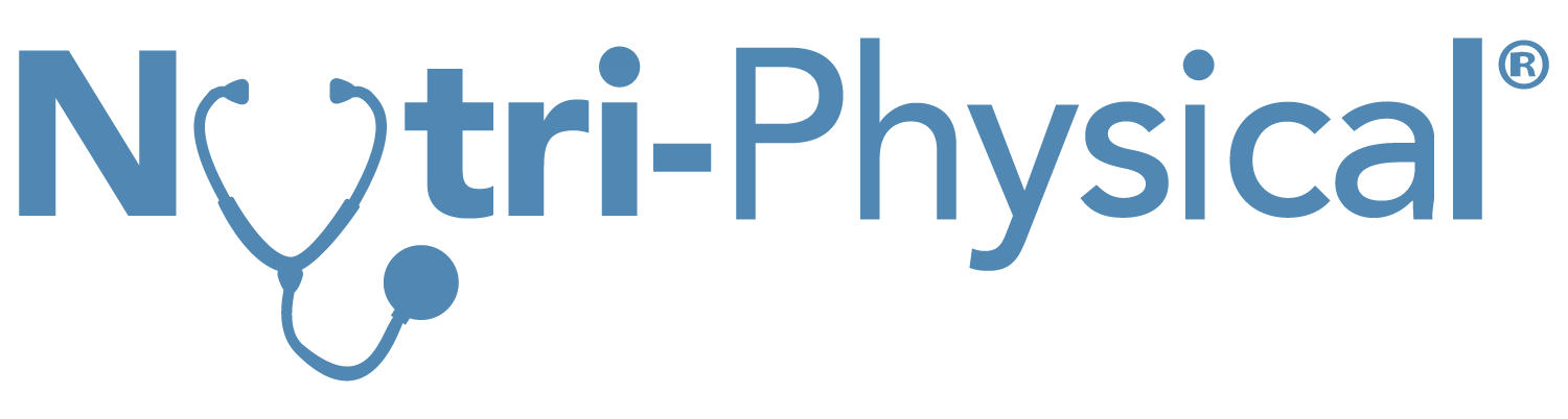 A blue logo for nutri-physical with a stethoscope in the middle.