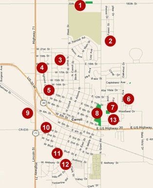 A map of a city with red circles on it