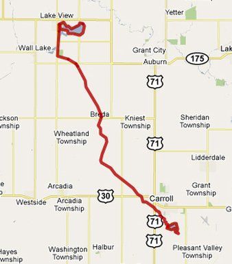 A map showing a red line going to grant city auburn