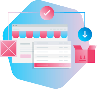 An illustration of a website , a check mark , an envelope , and a box.