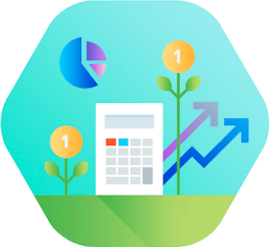 An illustration of a calculator , coins , arrows and a pie chart.