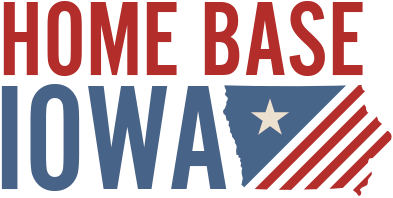 A red white and blue logo for home base iowa
